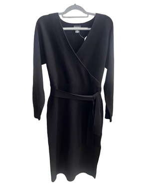 Nicole Miller Black Wrap-Style Long Sleeve Midi Sweater Dress